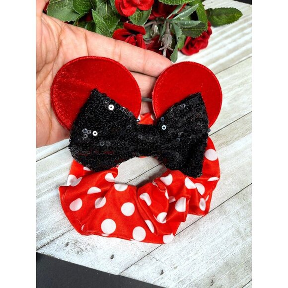 Minnie Mouse Ears Hair Scrunchies Hair Rubber Band Black Sequins Bow Polka Dot - Picture 3 of 9